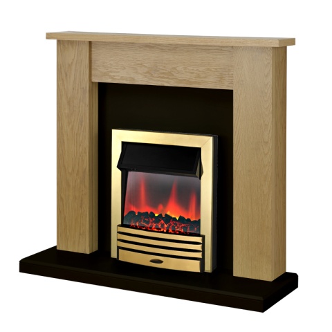 Adam New England Oak & Black surround with Brass Eclipse Electric Fire