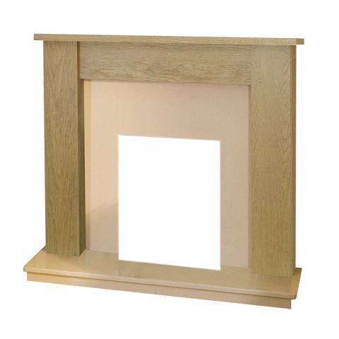 Adam New Haven Surround Set, Oak, Marble Back Panel and Hearth, Beige Stone