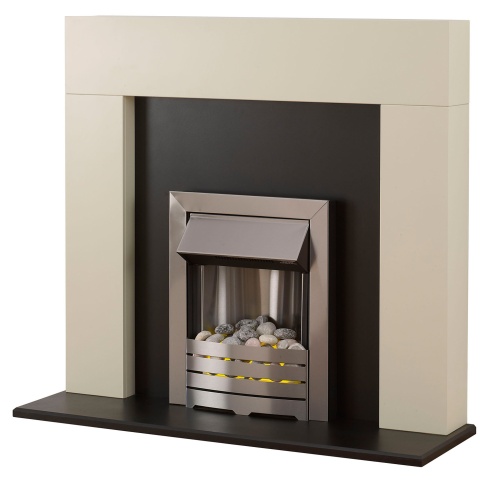 Adam Miami Fireplace Suite, Black and Ivory with Helios Electric Fire, Brushed Steel