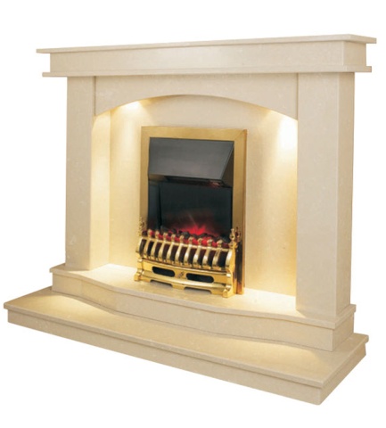 Aurora Warwick Marble Fireplace in Roman Stone with lights