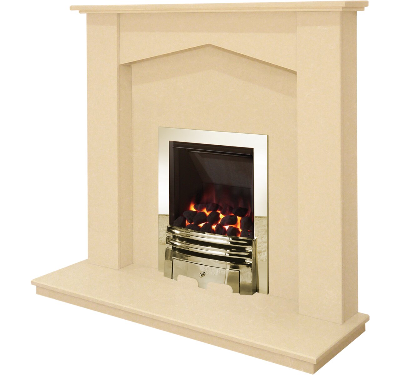 The Fireplace in Beige Stone with Diamond Gas Fire in Brass, 48 Inch Fireplace World