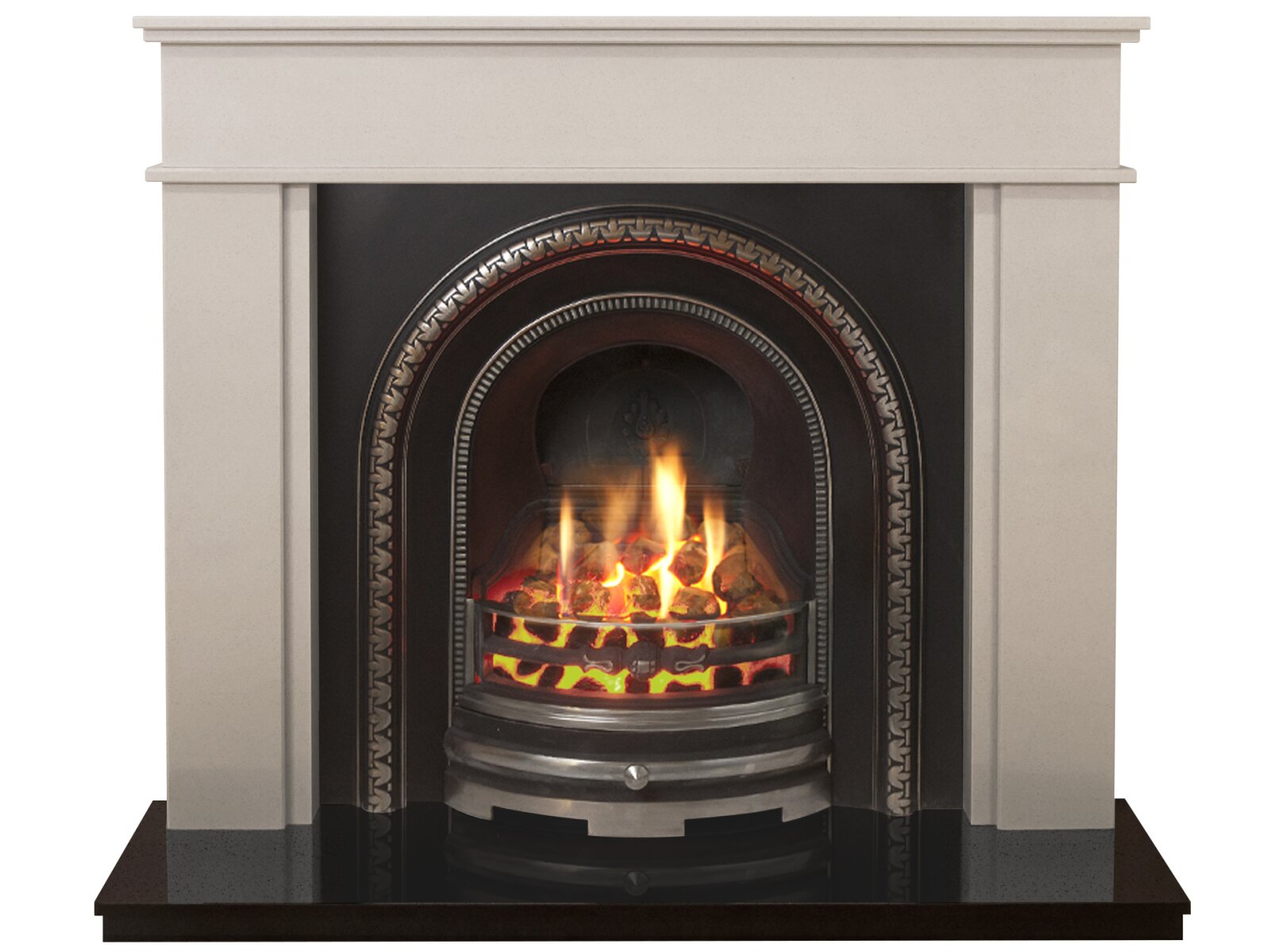 The Portland Fireplace Suite in Sparkly White with Bedford Back Panel