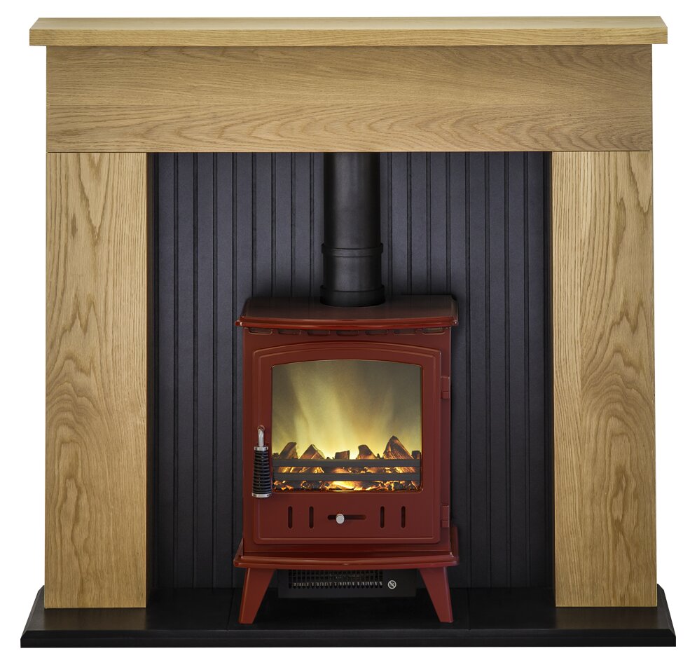 Adam Innsbruck Stove Suite in Oak with Aviemore Electric Stove in Red