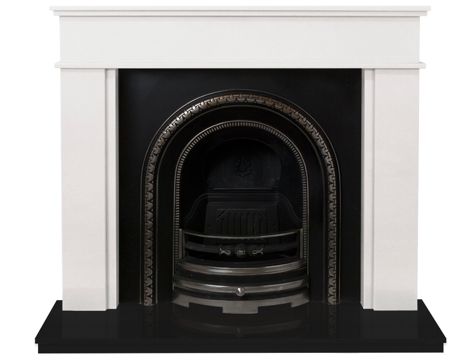 The Portland Fireplace Suite in Sparkly White and Black Granite with