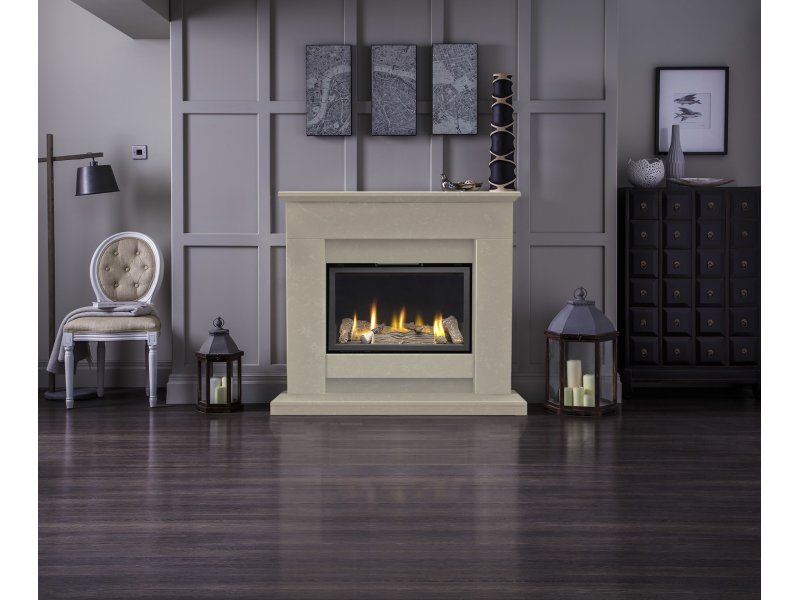 The Camden fireplace suite in Roman Stone with Sirocco Pinnacle insert gas fire