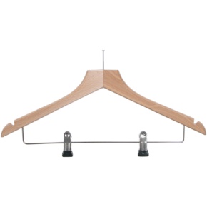 Ladies Deluxe Guest Hanger with Trouser Bar and Skirt Clips, Security Pin, Beech Wood (Case Qty 40) - Click to enlarge