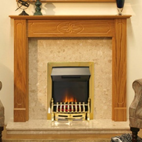 The Option Natural Oak Botticino Fireplace and Adam Brass Electric Fire