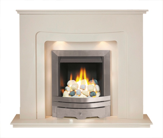 Aurora Chelsea Marble Fireplace in Honey Creme with lights