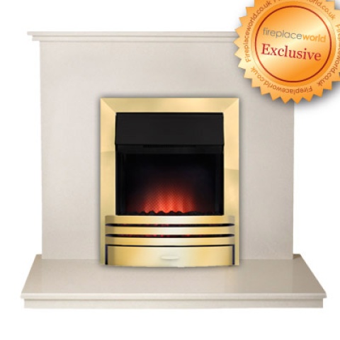 Aurora Ashlea Beige Stone Marble Fireplace with Adam Eclipse Brass Electric Fire