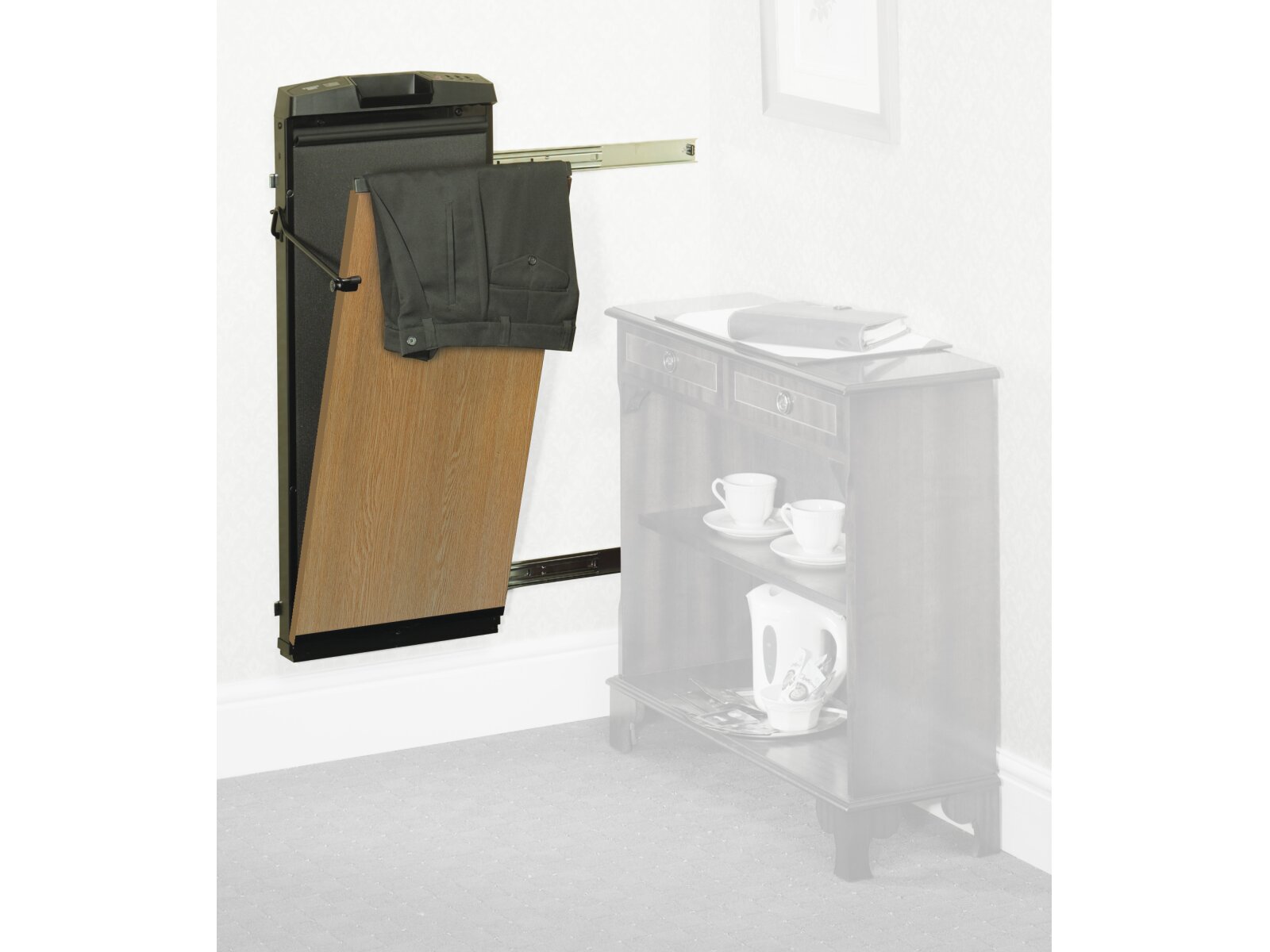 Corby 7700 Oak Ash Space Saver Trouser Press that Slides to Left