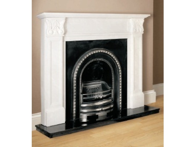 Aurora Acantha Natural White Fireplace Surround with Cast and Granite Hearth | Fireplace World The Aurora Acantha Marble Fireplace is a complete Natural White marble fireplace surround with a cast back panel and 60" Black Granite hearth. With delicately carved foilage and graceful tapering legs the Acantha with the Cast and Black Granite option gives it a stunning traditional look. Complete with cast