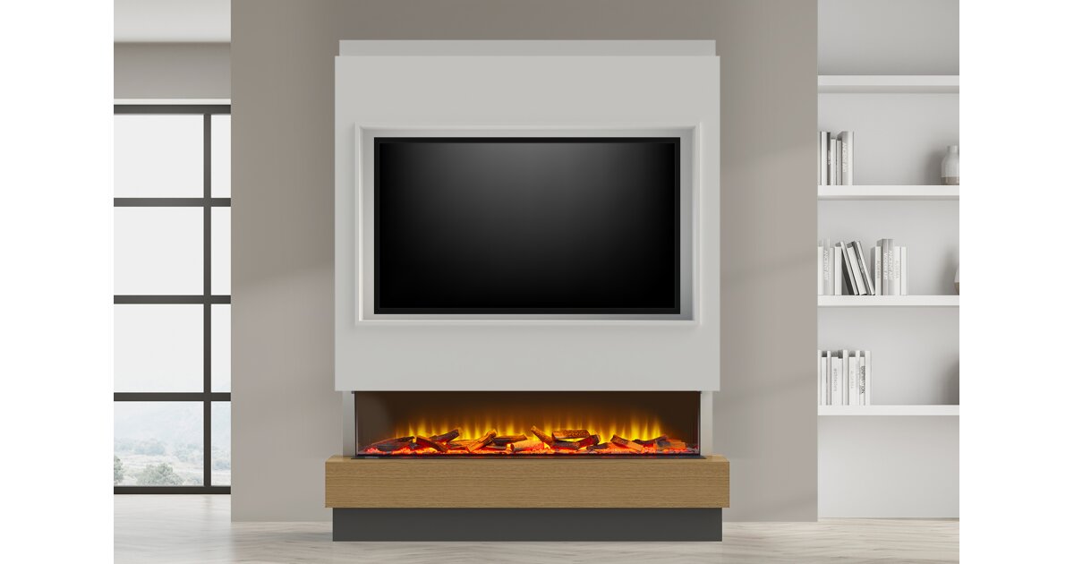 Acantha Matrix Pre-Built Pure White u0026 Oak Effect Panoramic Media Wall with  TV Recess | Fireplace World