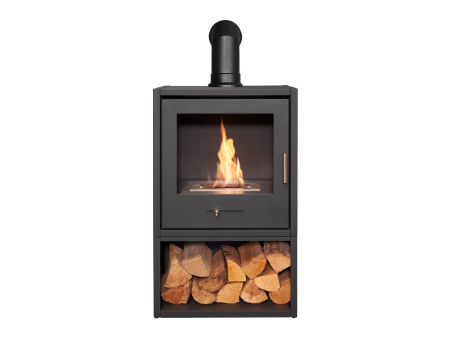 oko-s3-bio-ethanol-stove-with-log-storage-in-charcoal-grey-angled-stove-pipe