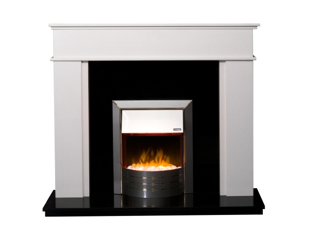 Portland White Marble & Granite Fireplace with Aspen Chrome Electric