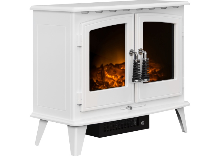 Adam Woodhouse Electric Stove In Pure White With Angled Stove Pipe