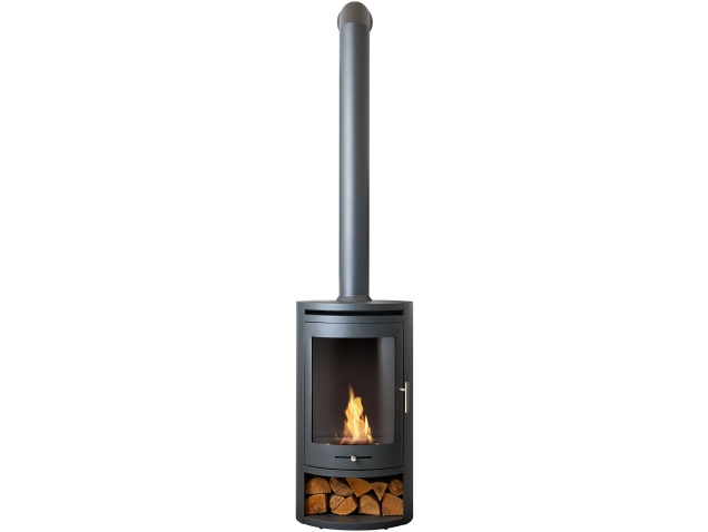 oko-s5-bio-ethanol-cylinder-stove-with-log-storage-in-charcoal-grey-tall-angled-metal-stove-pipe