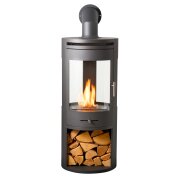 oko-s7-bio-ethanol-panoramic-stove-charcoal-grey-with-log-storage-angled-metal-stove-pipe