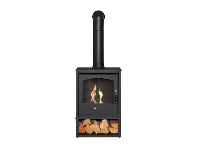 oko-s2-bio-ethanol-stove-with-log-storage-in-charcoal-grey-with-tall-angled-stove-pipe