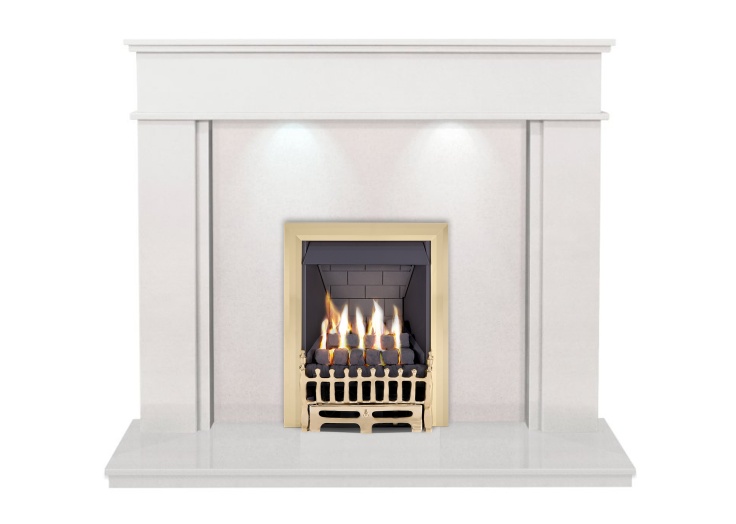 The Portland in White Stone with Downlights with Adam Blenheim Gas Fire, 54  Inch | Fireplace World