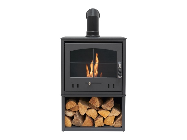 oko-s4-bio-ethanol-stove-with-log-storage-in-charcoal-grey-with-angled-stove-pipe