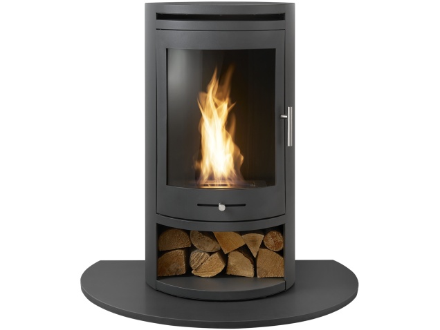 oko-s5-bio-ethanol-cylinder-stove-with-log-storage-truncated-hearth-in-honed-black-granite