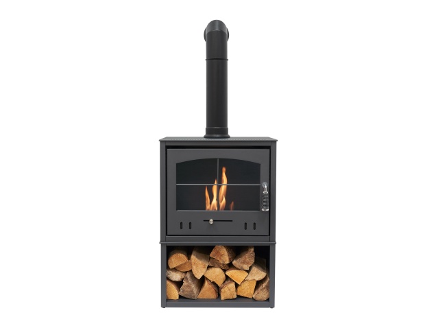oko-s4-bio-ethanol-stove-with-log-storage-in-charcoal-grey-with-tall-angled-stove-pipe