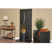acantha-tile-hearth-set-in-bronze-venetian-plaster-effect-with-orbit-cylinder-stove-tall-angled-pipe