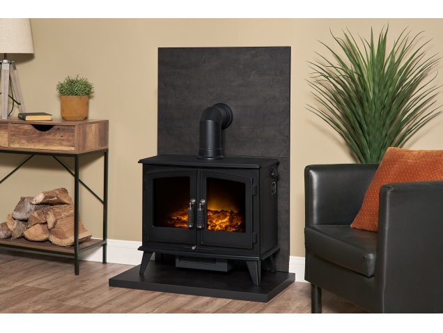 acantha-tile-hearth-set-in-bronze-venetian-plaster-effect-with-woodhouse-stove-angled-pipe