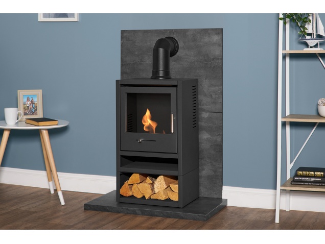 acantha-tile-hearth-set-in-slate-venetian-plaster-effect-with-oko-s1-stove-log-store-angled-pipe