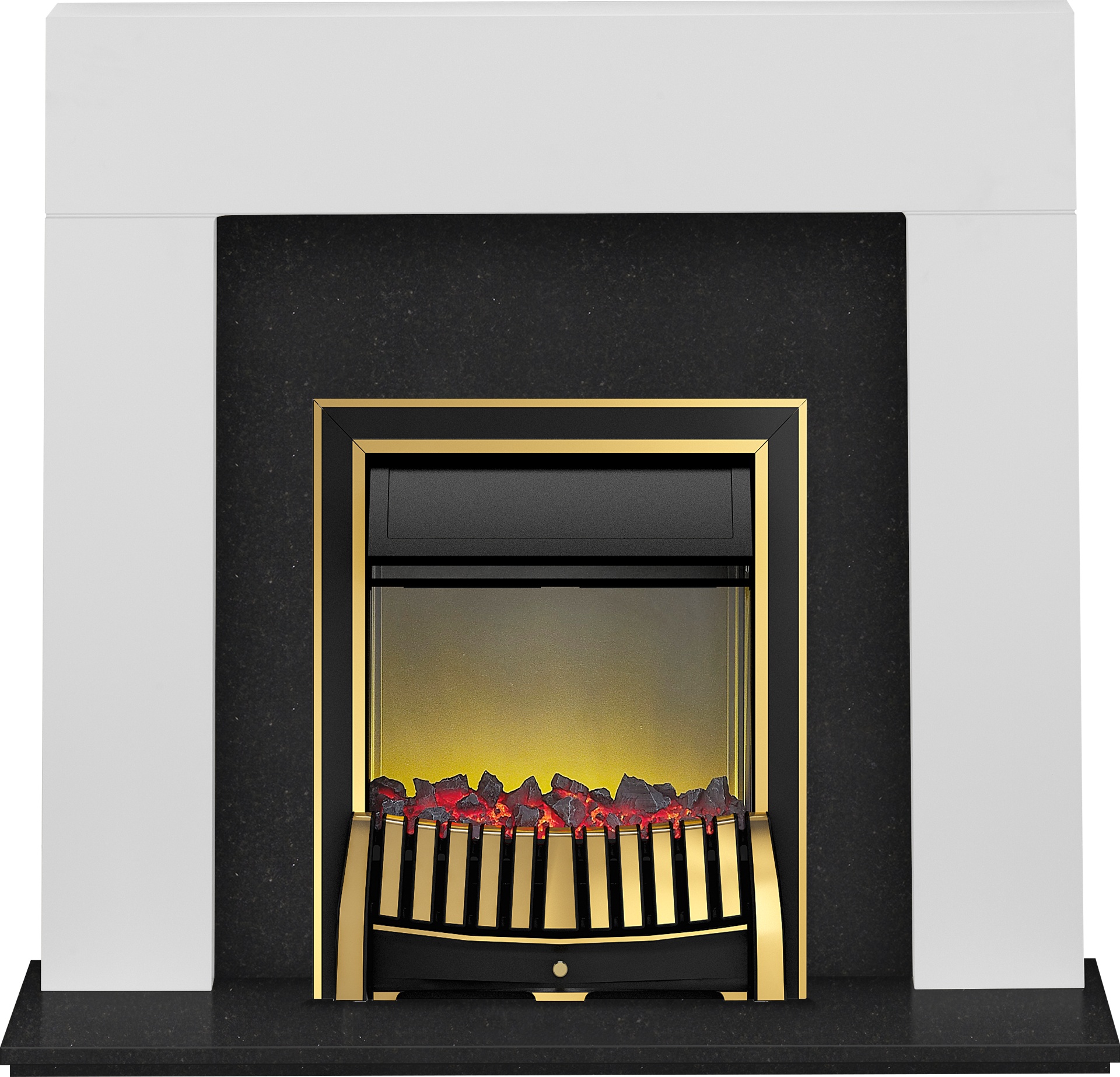 Adam Fireplace Suite In Pure White And Black Granite With Fire In