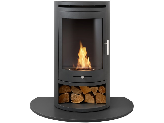 oko-s5-bio-ethanol-cylinder-stove-with-log-storage-truncated-hearth-in-honed-black-granite