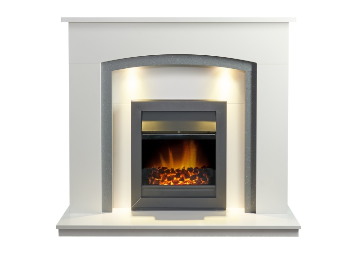 Adam Savanna Fireplace in Pure White u0026 Grey with Downlights u0026 Vancouver  Electric Fire in Black, 48 Inch | Fireplace World