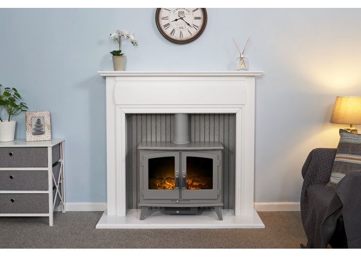 Adam Florence Stove Fireplace in Pure White with Woodhouse
