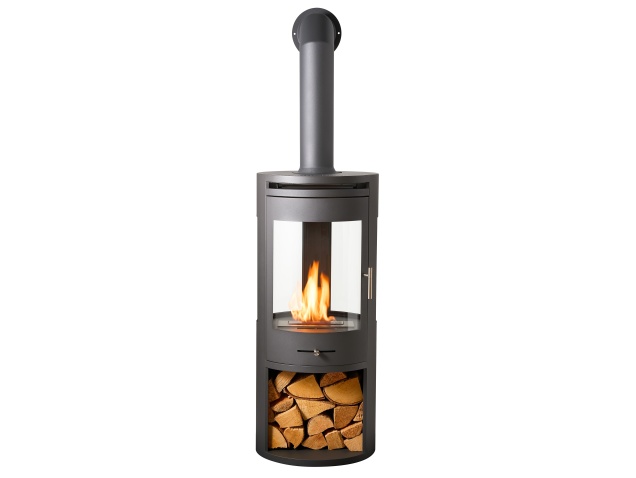 oko-s7-bio-ethanol-panoramic-stove-with-log-storage-in-charcoal-grey-tall-angled-metal-stove-pipe