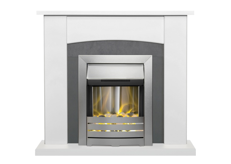 Adam Holden Fireplace in Pure White u0026 Grey/White with Helios Electric Fire  in Brushed Steel, 39 Inch | Fireplace World