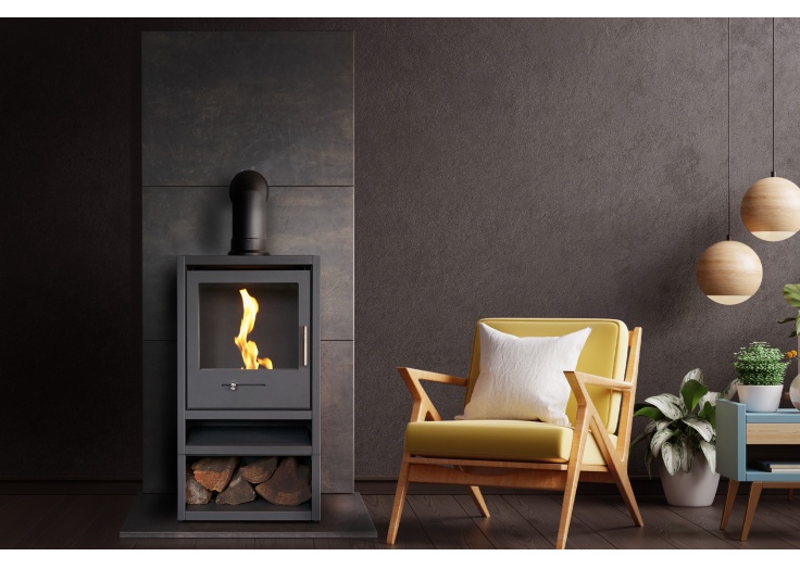 OKO S1 Bio Ethanol Stove with Log Storage in Charcoal Grey u0026 Angled Stove  Pipe | Fireplace World