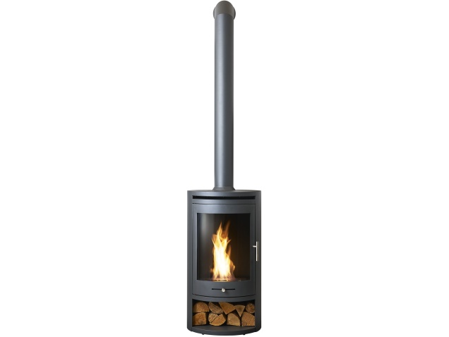 oko-s5-bio-ethanol-cylinder-stove-with-log-storage-in-charcoal-grey-tall-angled-metal-stove-pipe