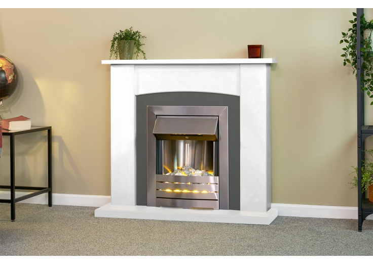 Adam Holden Fireplace in Pure White u0026 Grey/White with Helios Electric Fire  in Brushed Steel, 39 Inch | Fireplace World