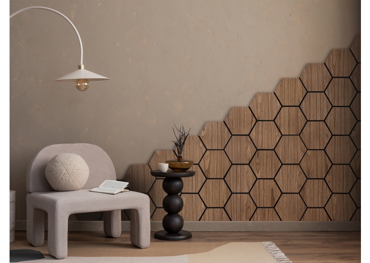 Fuse Acoustic Wooden Hexagon Wall Panel in Walnut Effect