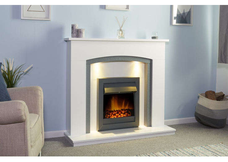 Adam Savanna Fireplace in Pure White u0026 Grey with Downlights u0026 Vancouver  Electric Fire in Black, 48 Inch | Fireplace World