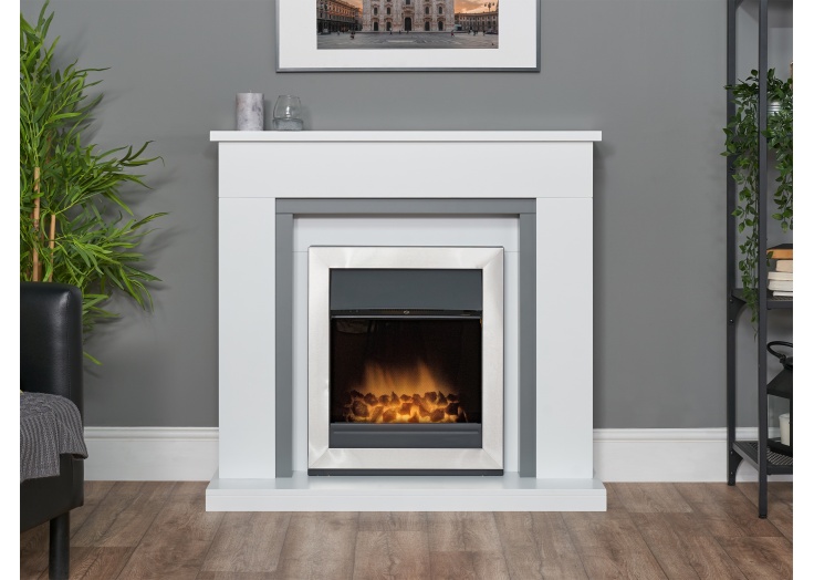 Adam Milan Fireplace in Pure White u0026 Grey with Vancouver Electric Fire in  Brushed Steel, 39 Inch | Fireplace World